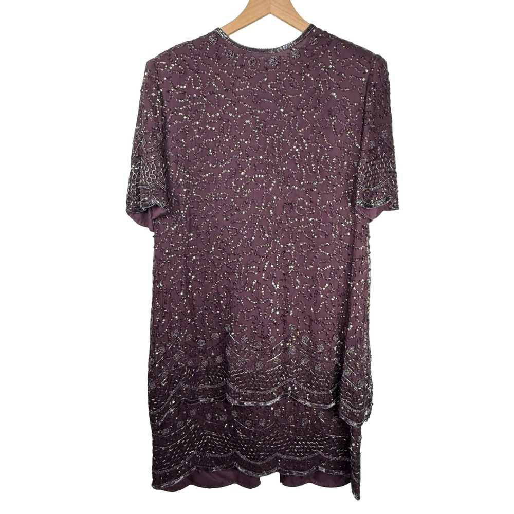 Brilliante by J.A. Beaded Silk Dress Plum Scalloped Hem Size L Vintage Style - Picture 2 of 10